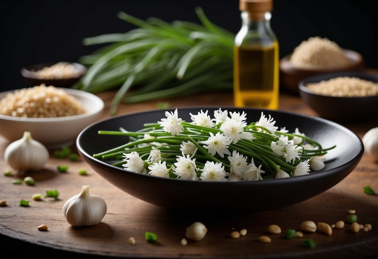 A table with a plate of Chinese chive flowers, surrounded by ingredients like garlic, soy sauce, and sesame oil. A nutrition label with detailed information is placed next to the dish