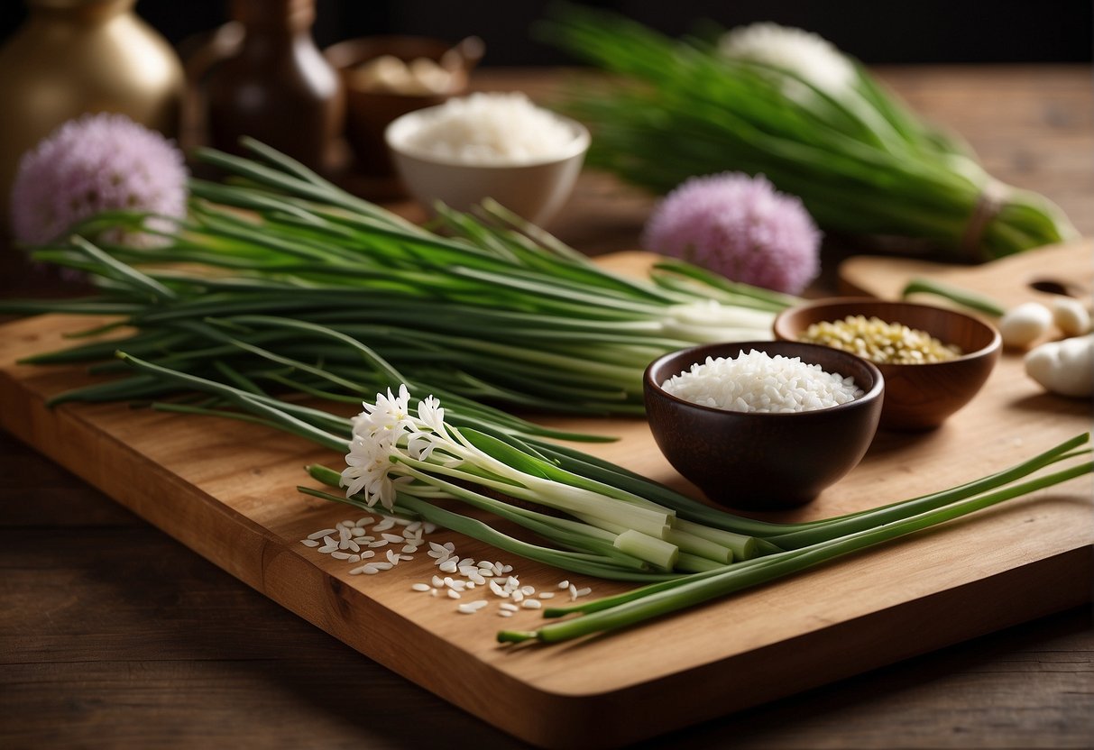 Chinese chive flowers arranged on a cutting board with various ingredients and utensils nearby. A recipe book open to the "Frequently Asked Questions" page