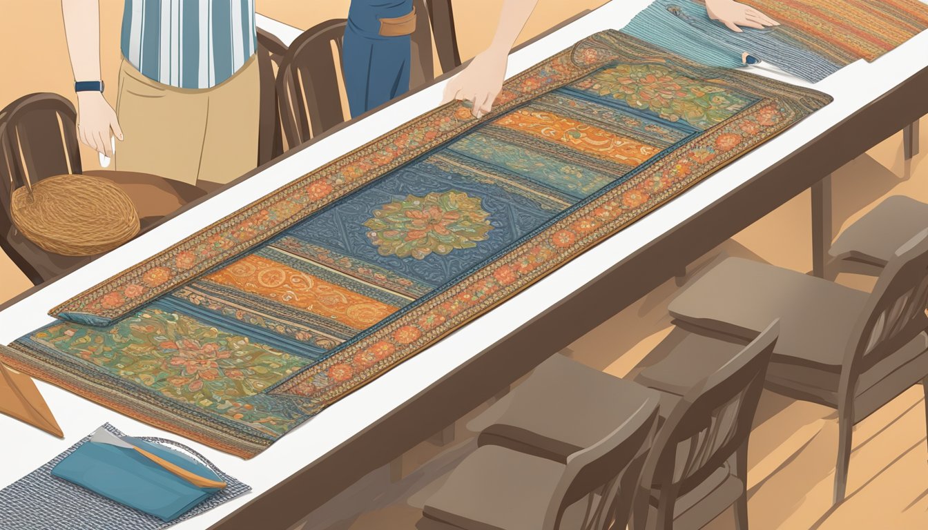A hand reaches for a table runner online, surrounded by various options. The screen displays different colors and patterns to choose from