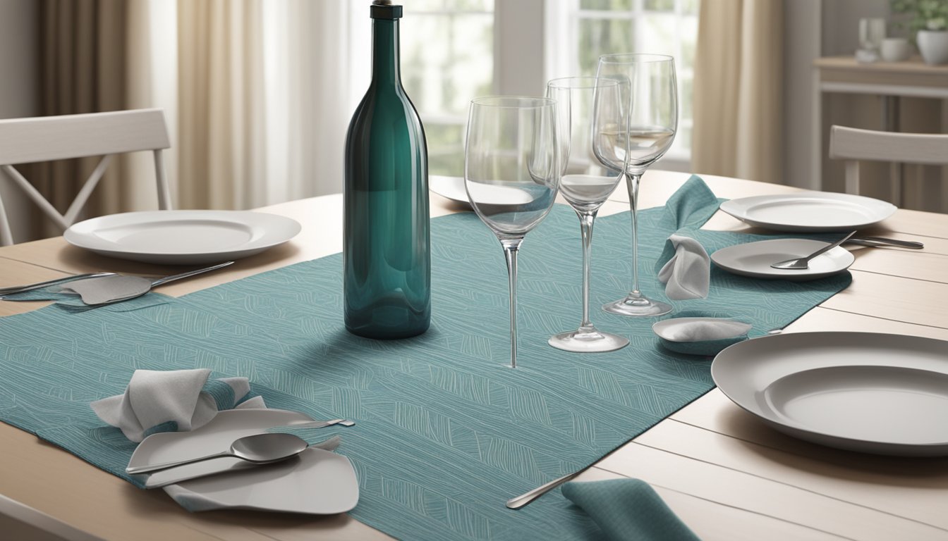 A table runner being ordered online and then carefully placed on a dining table, with a bottle of fabric cleaner nearby for maintenance