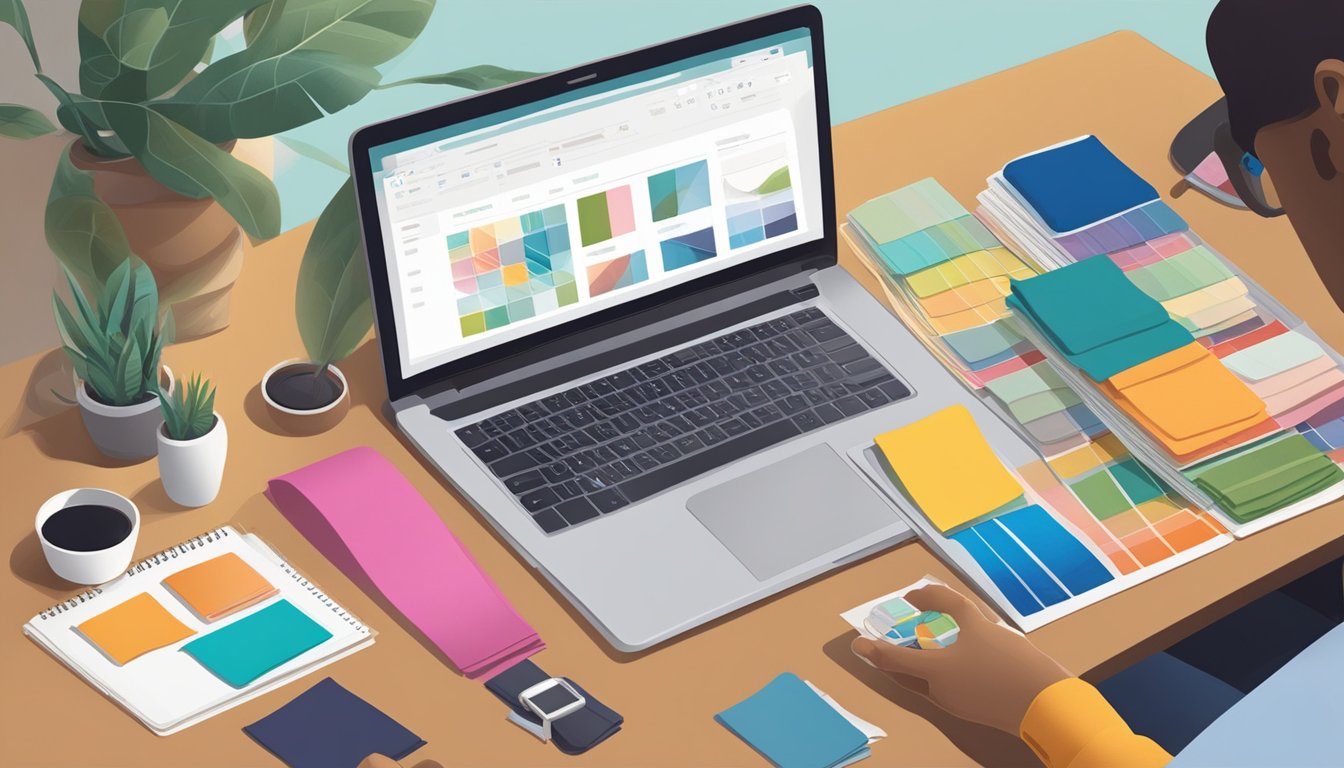 A laptop open on a desk with a website showing various table runners. A hand reaching for a mouse, with a stack of colorful fabric swatches nearby