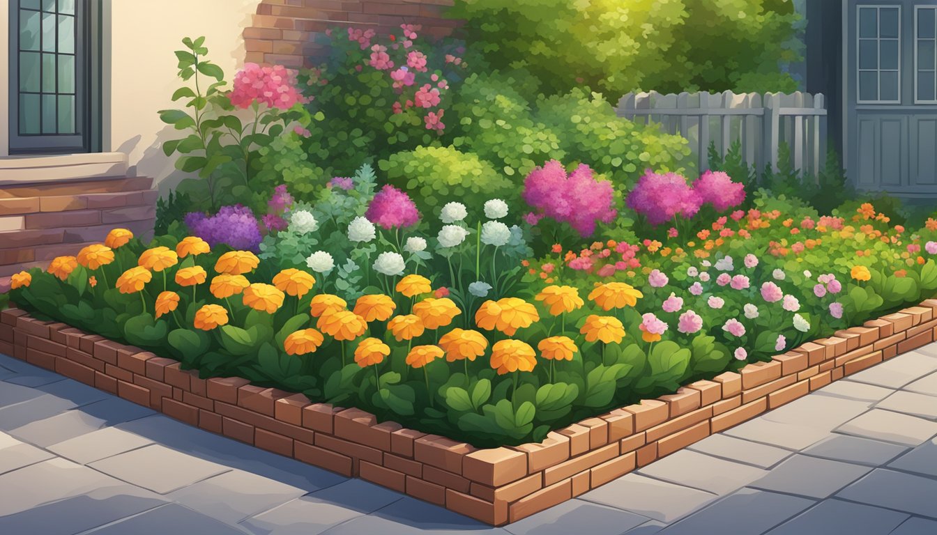 A garden bed with neatly arranged bricks lining the edges, surrounded by lush green plants and colorful flowers