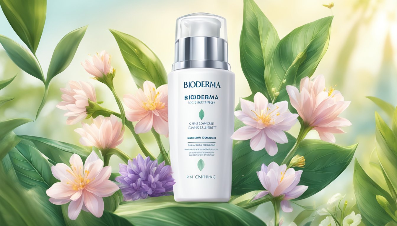 A bottle of Bioderma skincare products surrounded by natural elements like flowers and leaves, with a gentle sunlight shining on the scene
