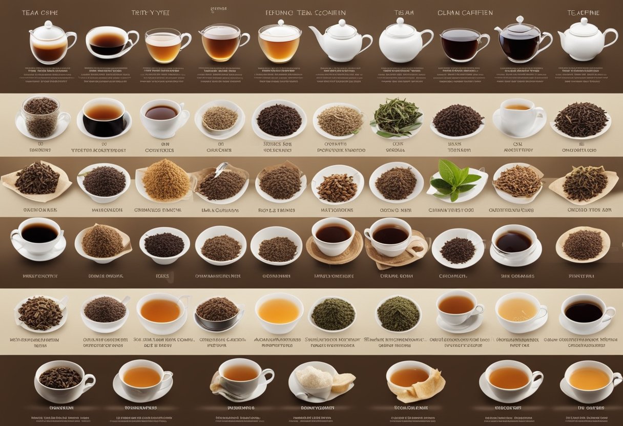 Various tea types arranged with labeled caffeine content