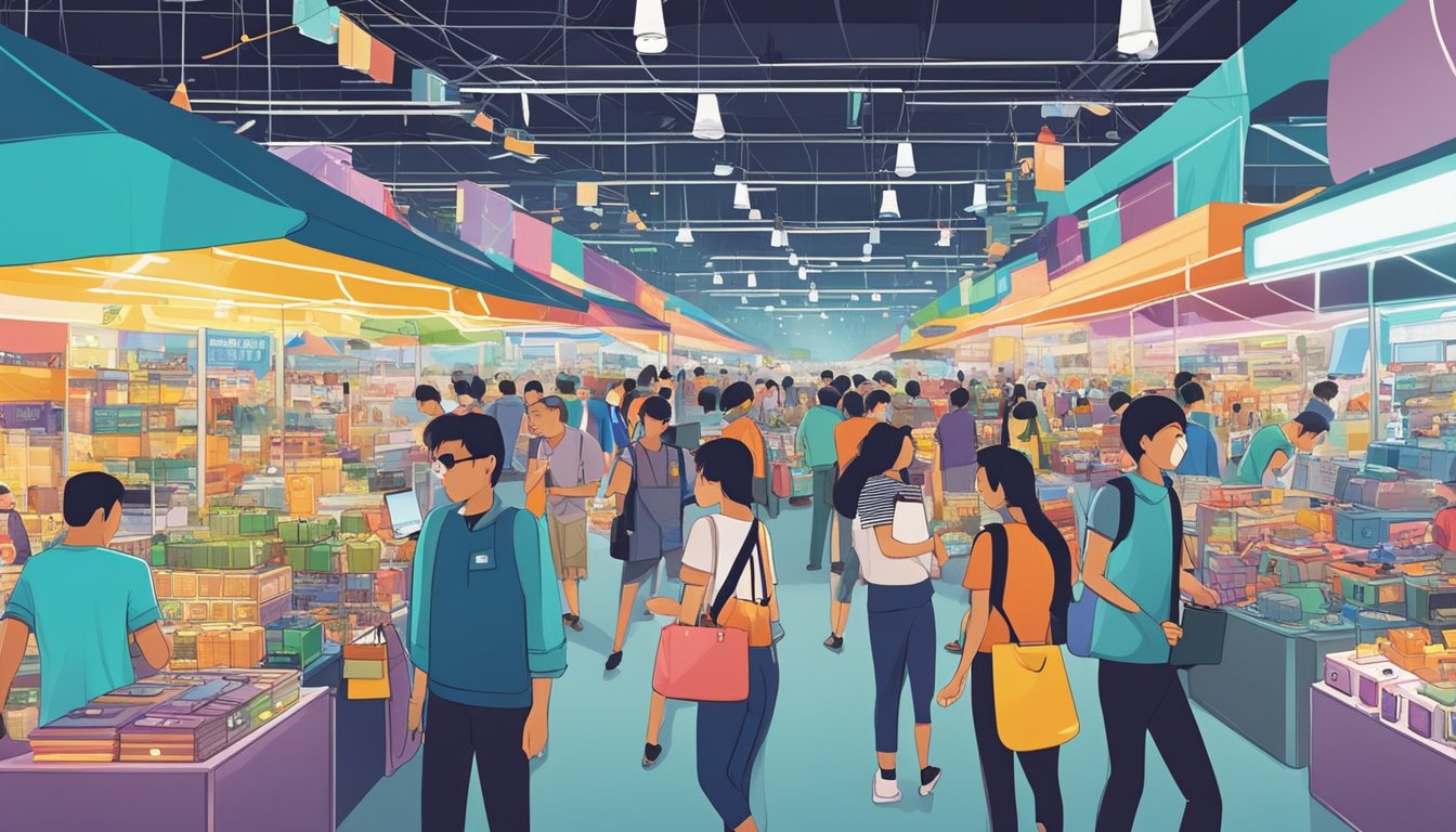 A bustling electronics market in Singapore, filled with rows of colorful stalls selling budget-friendly tech gadgets and accessories. Bright lights and enthusiastic vendors create a lively atmosphere for tech-savvy shoppers