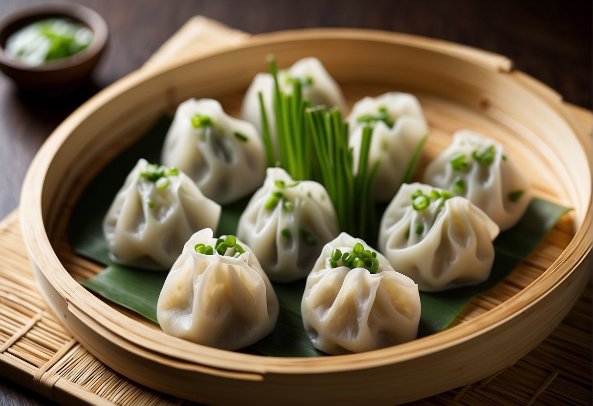 Chinese chive dumplings being folded and steamed on a bamboo steamer, with a side of dipping sauce and garnished with chopped green onions