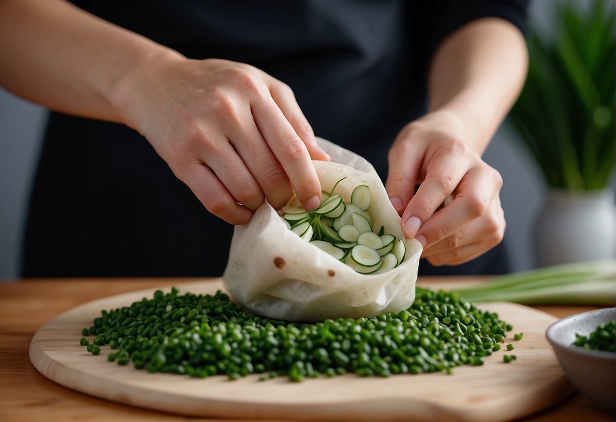Chopping chives, mixing with pork, and seasoning. Folding dumpling wrappers around filling