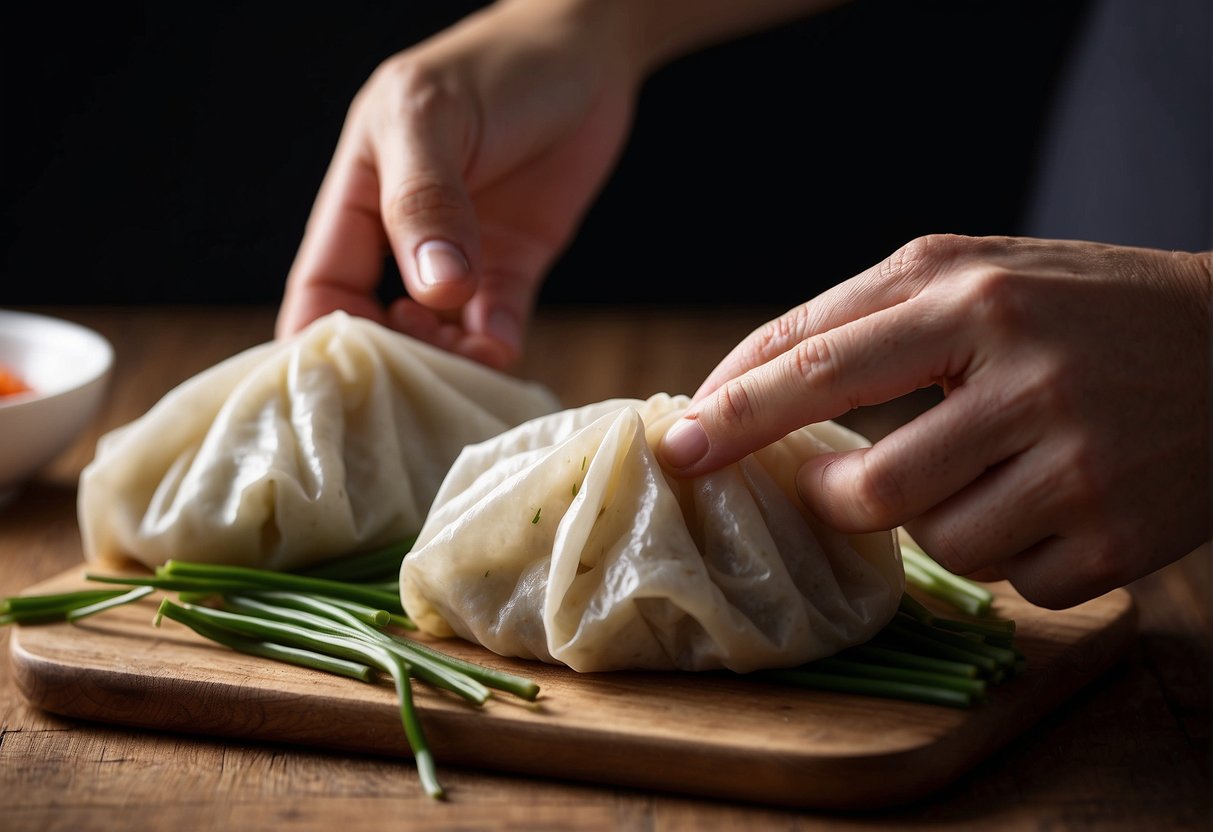 A pair of hands expertly folds and pinches delicate dumpling wrappers around a savory filling of Chinese chives, demonstrating traditional wrapping techniques
