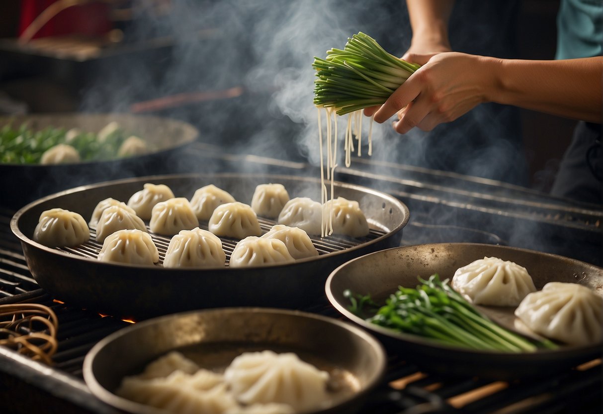 Chinese chives dumplings being steamed in bamboo baskets, while others are being pan-fried in a sizzling hot skillet
