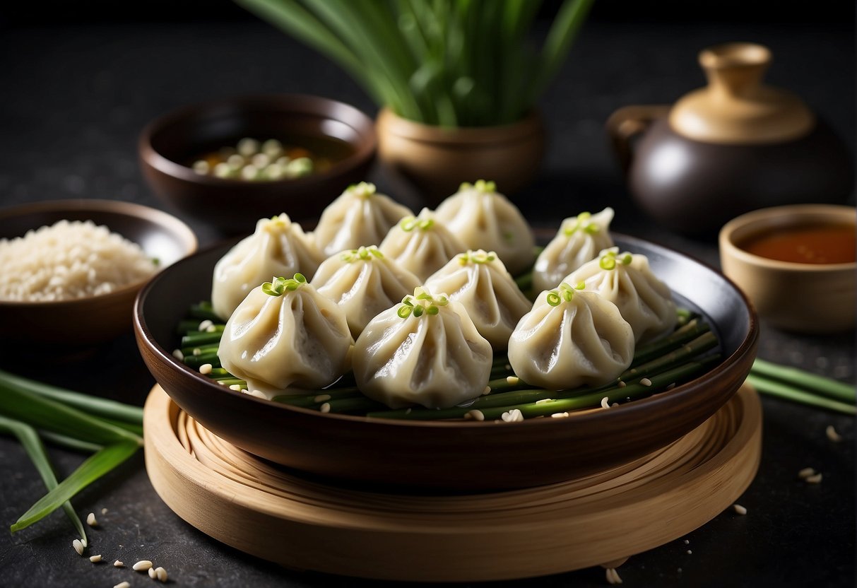 Chinese chive dumplings being served on a bamboo steamer, with a side of soy sauce and a sprinkle of sesame seeds for garnish
