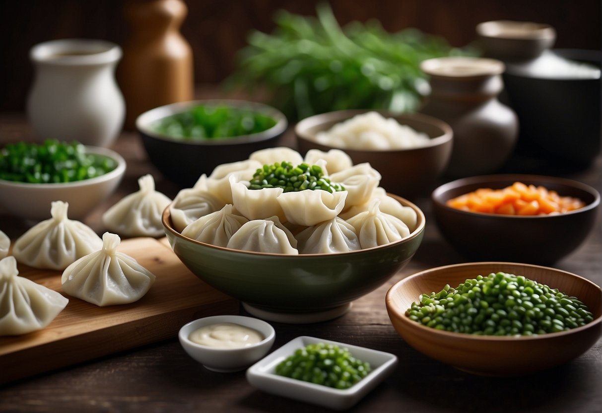 Chinese chives dumpling ingredients laid out on a clean kitchen counter, with a bowl of chopped chives, a pile of dumpling wrappers, and a small dish of dipping sauce