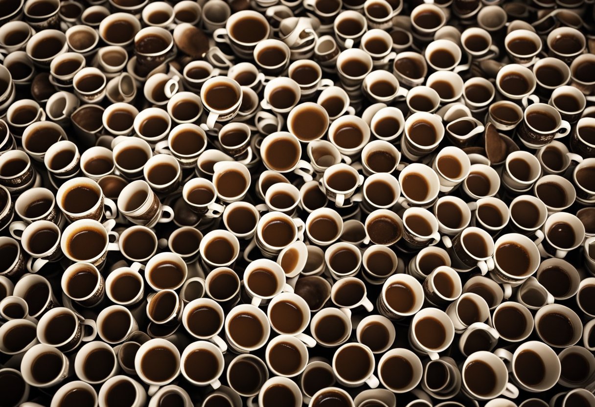 A mountain of coffee cups, spilling over with beans and overflowing with steaming liquid. A buzzing energy radiates from the scene, hinting at the overwhelming effects of too much caffeine