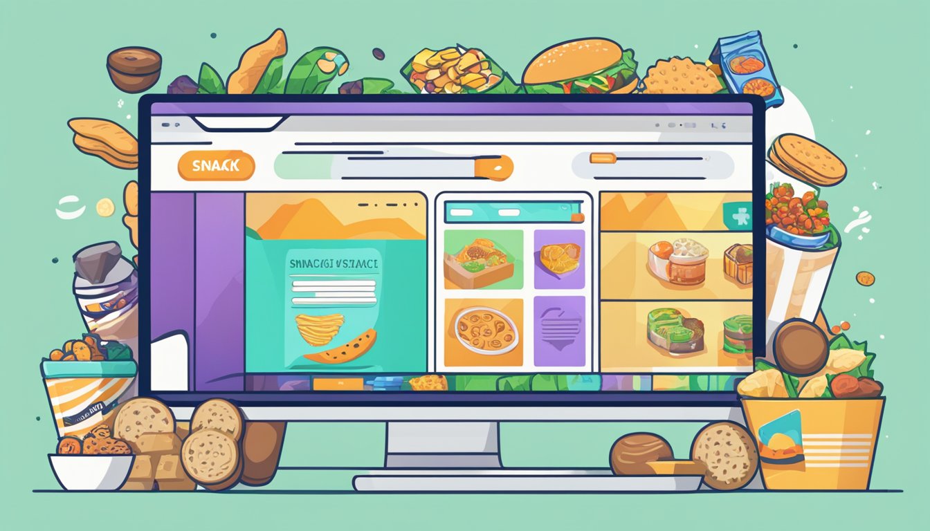 A computer screen showing a website with various snack options. A cursor clicks on "add to cart" for bulk snacks