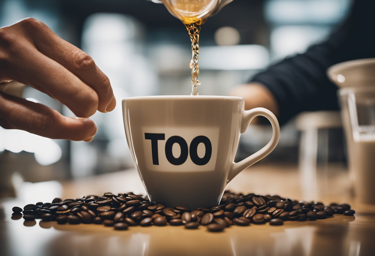 A person pouring excessive amounts of caffeine into a cup, with a warning sign indicating "too much."