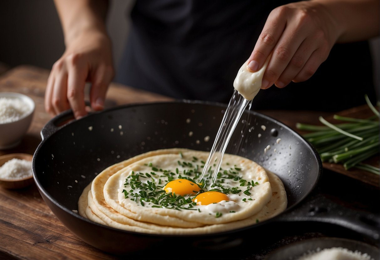 A hand mixing dough with Chinese chives, flour, and water in a bowl. A skillet sizzling with oil, frying the pancake until golden brown