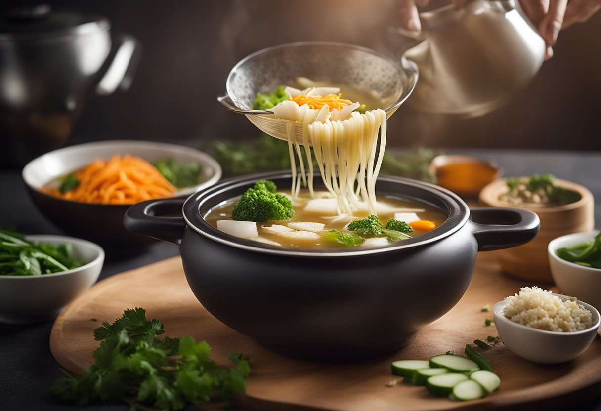 A pot simmering with keto Chinese soup ingredients. Vegetables, broth, and seasonings arranged nearby