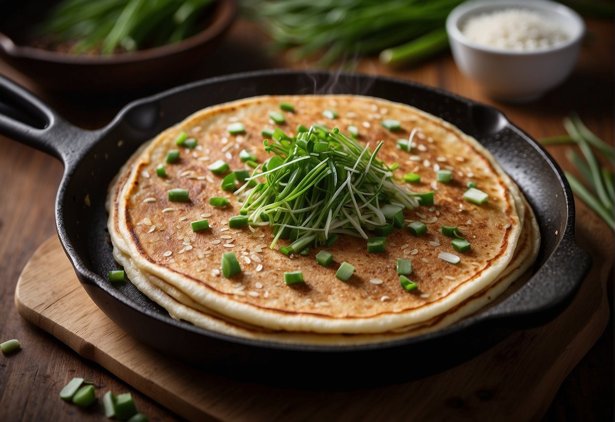 A sizzling skillet with golden-brown Chinese chives pancakes, steam rising, surrounded by scattered chive leaves and sesame seeds