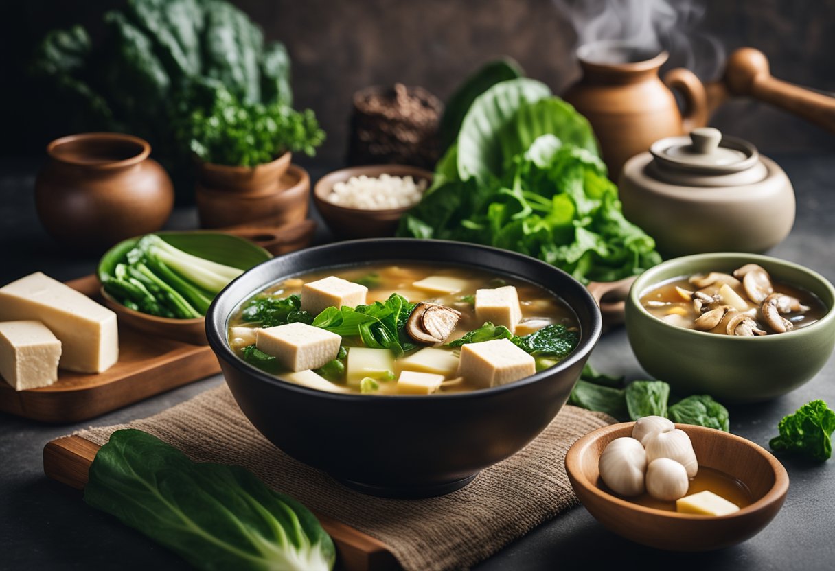 A steaming pot of keto Chinese soup surrounded by traditional ingredients like bok choy, mushrooms, and tofu