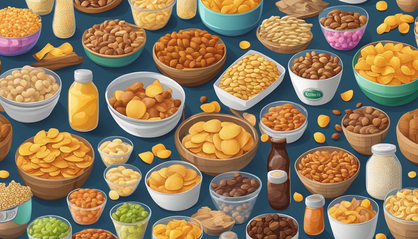 A table overflowing with various bulk snacks, from chips to nuts, ordered online. Bright packaging and a wide assortment of flavors