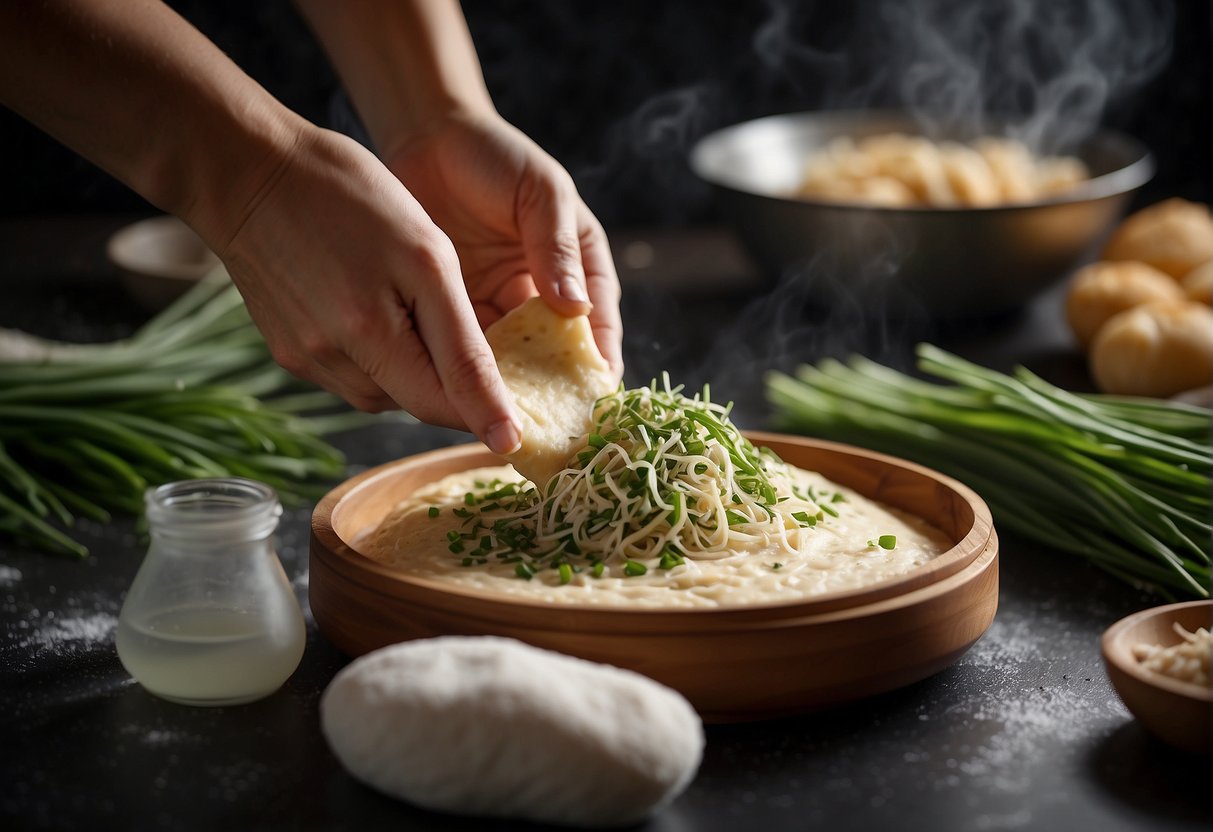 A hand mixes dough with Chinese chives and water. The dough is rolled out and fried in a pan until golden brown