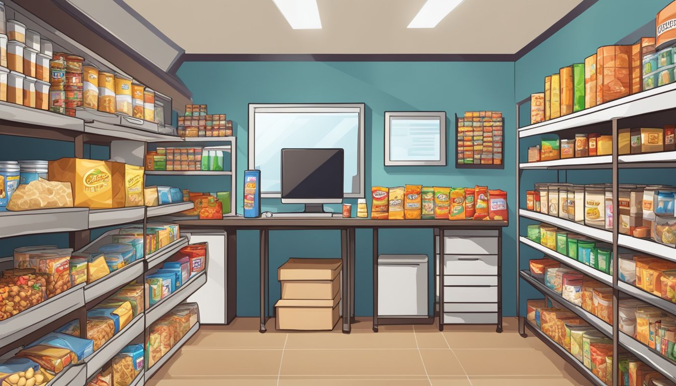 A pantry filled with shelves stacked high with various bulk snacks, such as nuts, chips, and candies. A computer nearby displaying a website for buying bulk snacks online