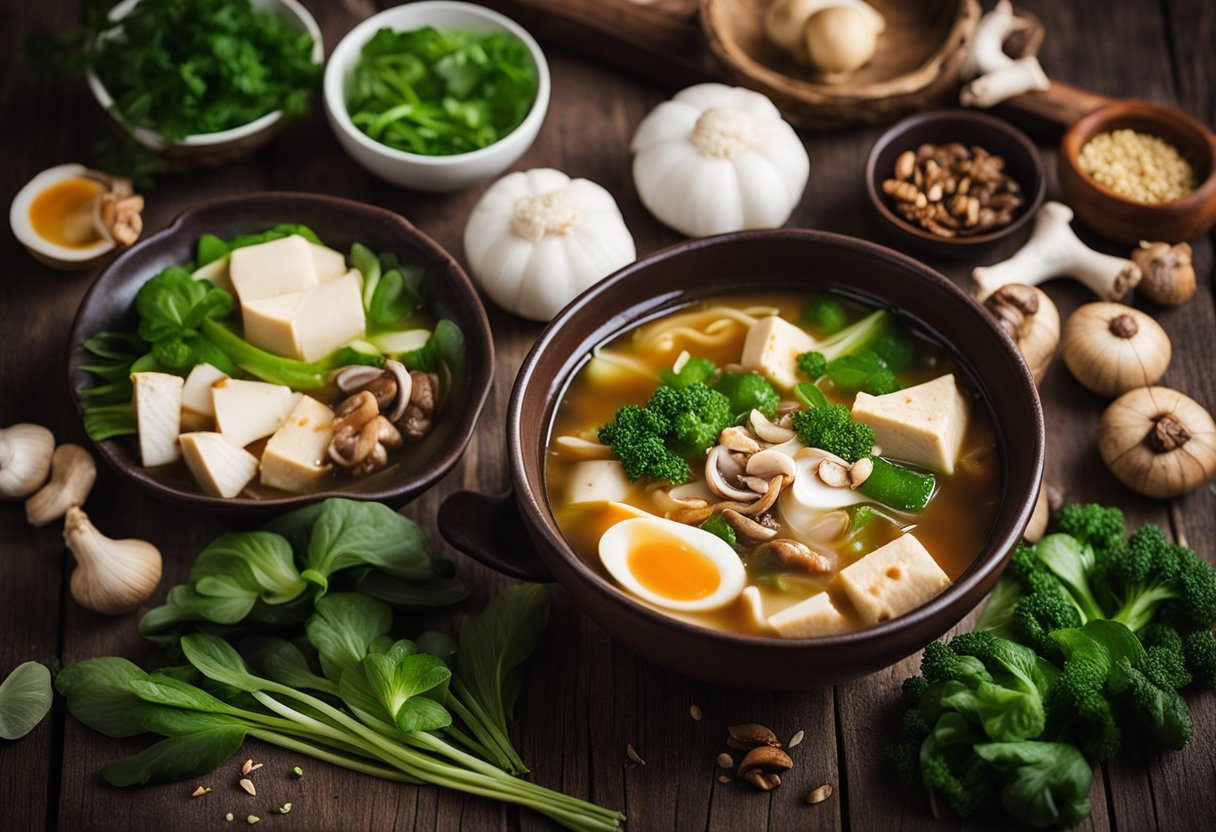 A steaming bowl of keto Chinese soup sits on a rustic wooden table, garnished with fresh herbs and spices. The soup is surrounded by various ingredients such as tofu, bok choy, and shiitake mushrooms, creating a colorful and