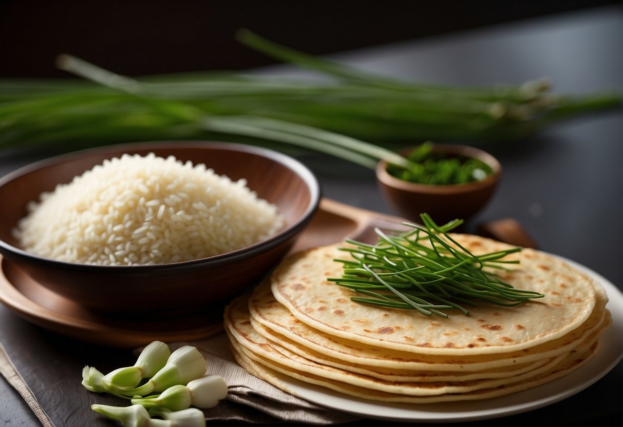Chinese chives pancake ingredients arranged with nutritional information label in the background