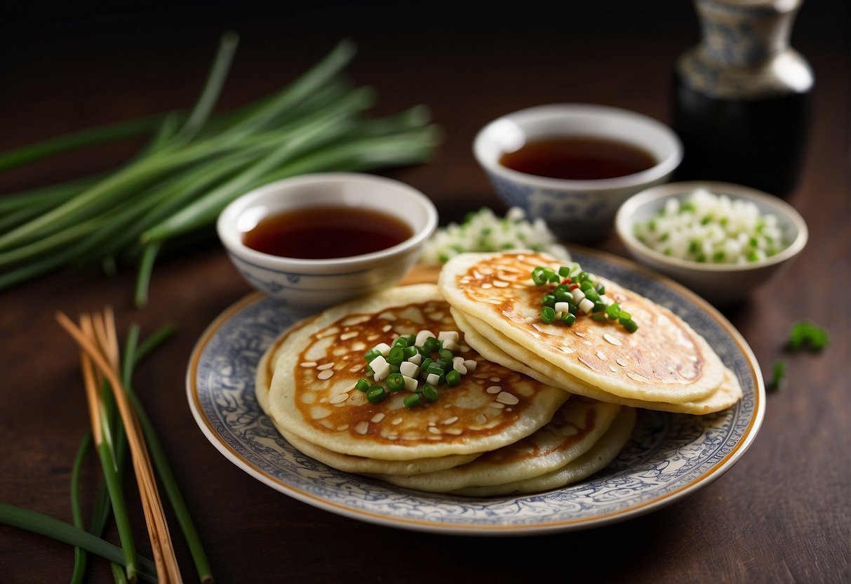 A plate of Chinese chives pancakes with a side of soy sauce and chili oil, garnished with sesame seeds and green onions