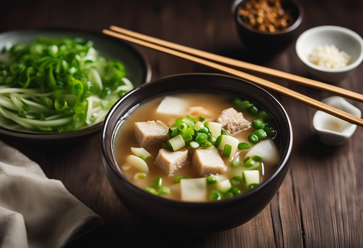 A steaming bowl of keto Chinese soup sits next to a plate of sliced green onions and a pair of chopsticks on a wooden table