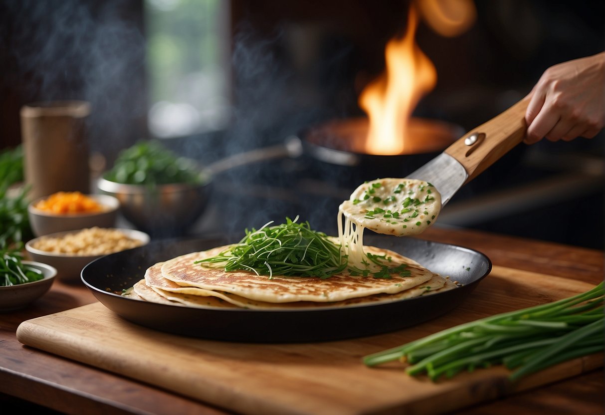 Chinese chives pancake being flipped in a sizzling pan. Ingredients and utensils neatly arranged on a wooden countertop