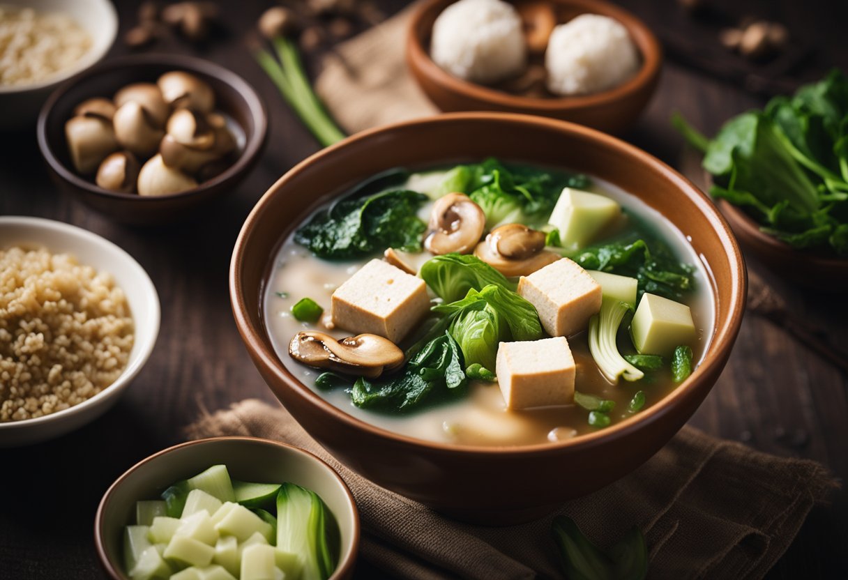 A steaming bowl of keto Chinese soup surrounded by ingredients like bok choy, tofu, and mushrooms