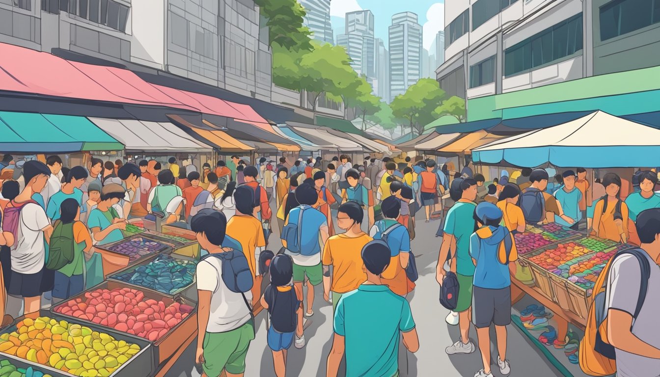 A crowded street market in Singapore, with colorful displays of sport shoes at discounted prices. Shoppers browse through the selection, searching for affordable options