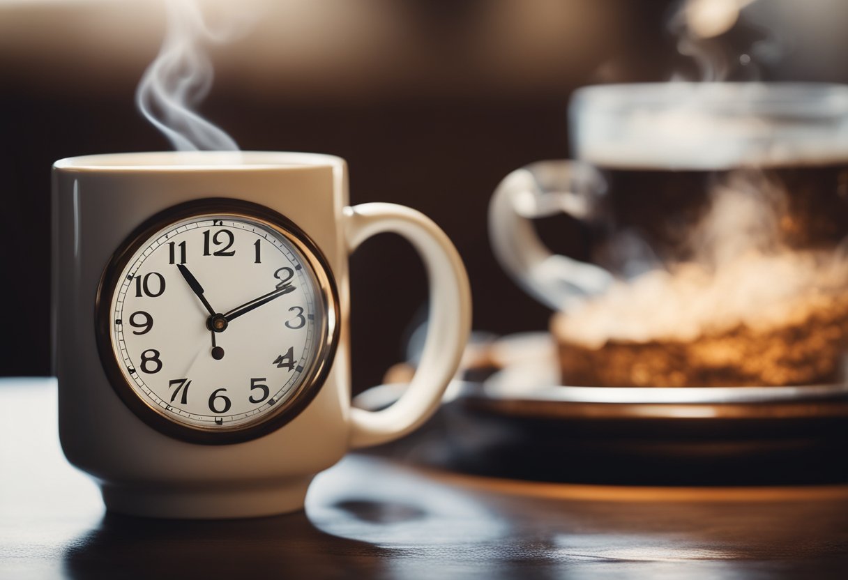 A steaming cup of coffee sits on a table next to a clock showing the time. The coffee appears freshly brewed, with wisps of steam rising from the surface