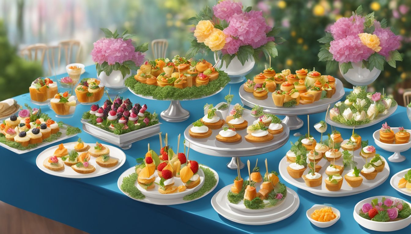 A table adorned with a variety of gourmet canapés, displayed on elegant platters and surrounded by vibrant floral arrangements