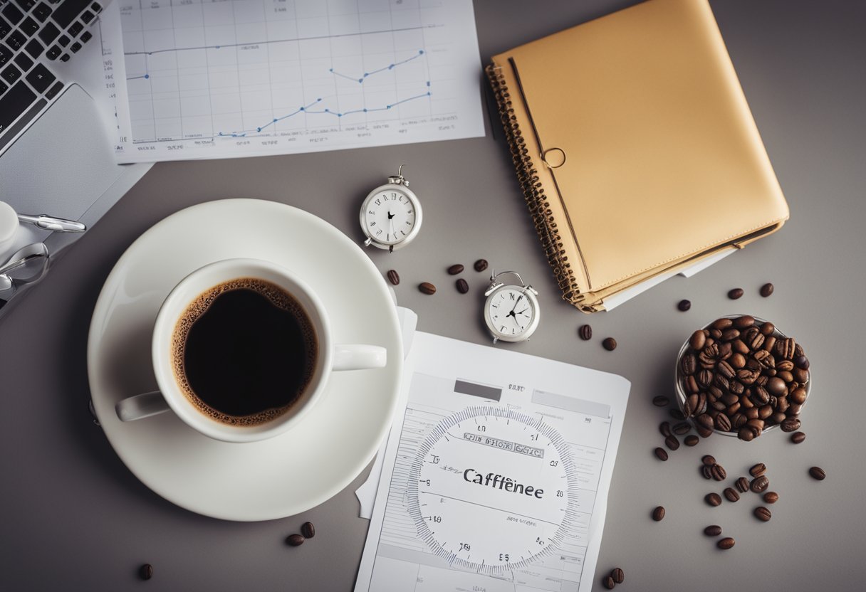 A cup of coffee sits on a table, surrounded by scattered papers and a laptop. The clock on the wall shows the passage of time, while a graph in the background illustrates caffeine's impact on the body