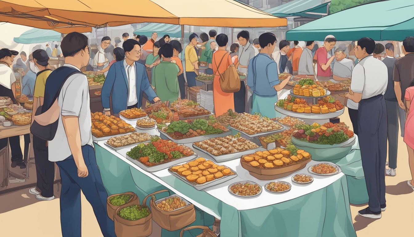 A table topped with a variety of canapes, surrounded by curious customers at a bustling market in Singapore