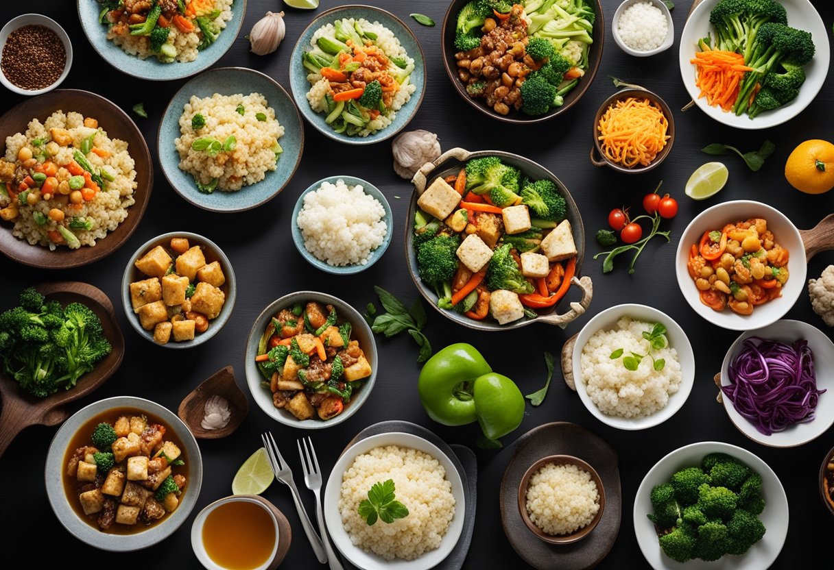 A table set with a colorful array of keto vegetarian Chinese dishes, including stir-fried vegetables, tofu dishes, and cauliflower rice