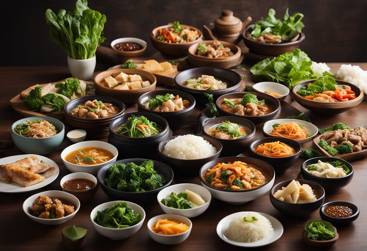 A table with various Chinese keto dishes, including stir-fries, soups, and steamed dishes. Ingredients like tofu, leafy greens, and lean meats are prominently featured