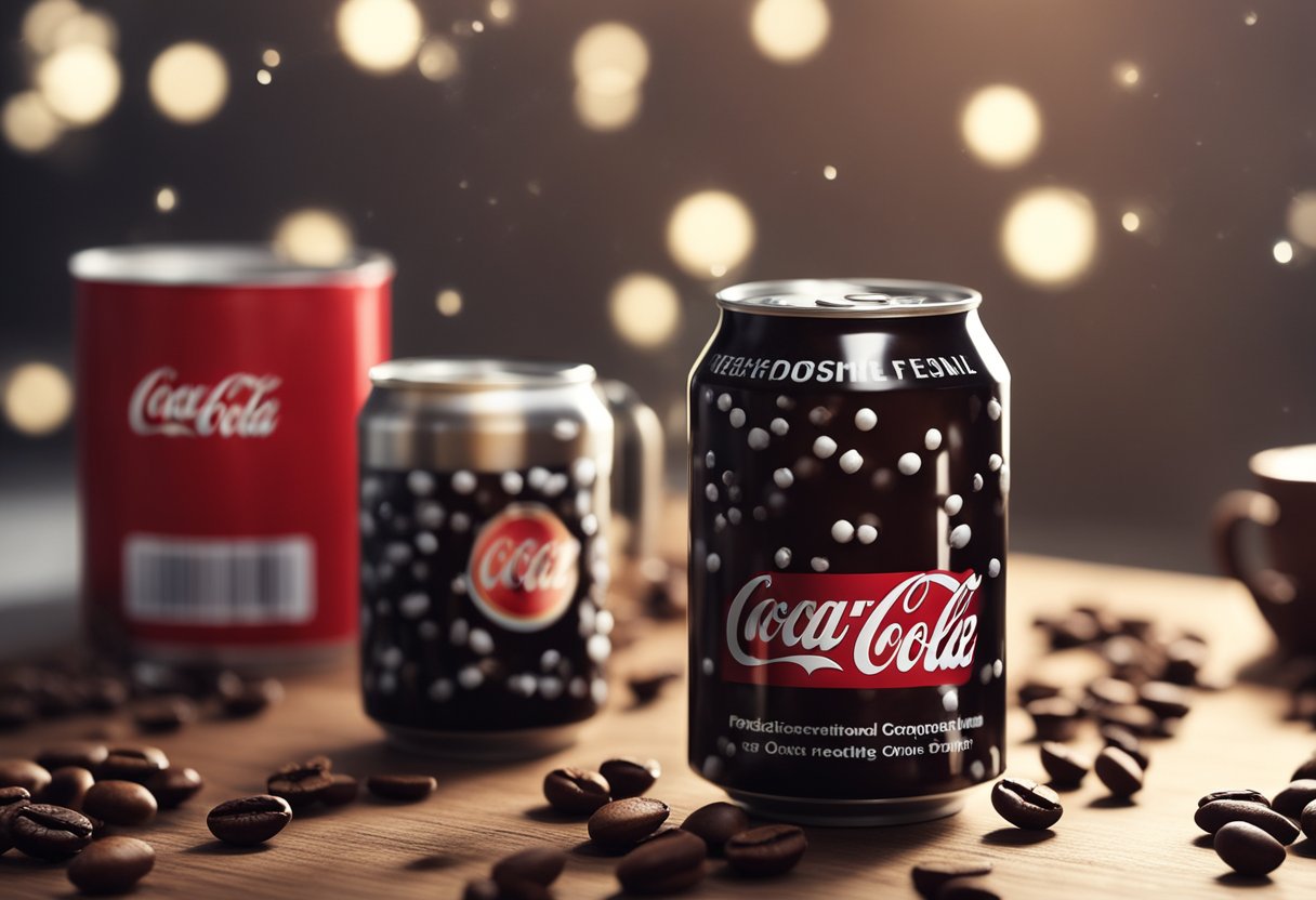 A can of coke sits on a table, surrounded by scattered coffee beans and a caffeine molecule model