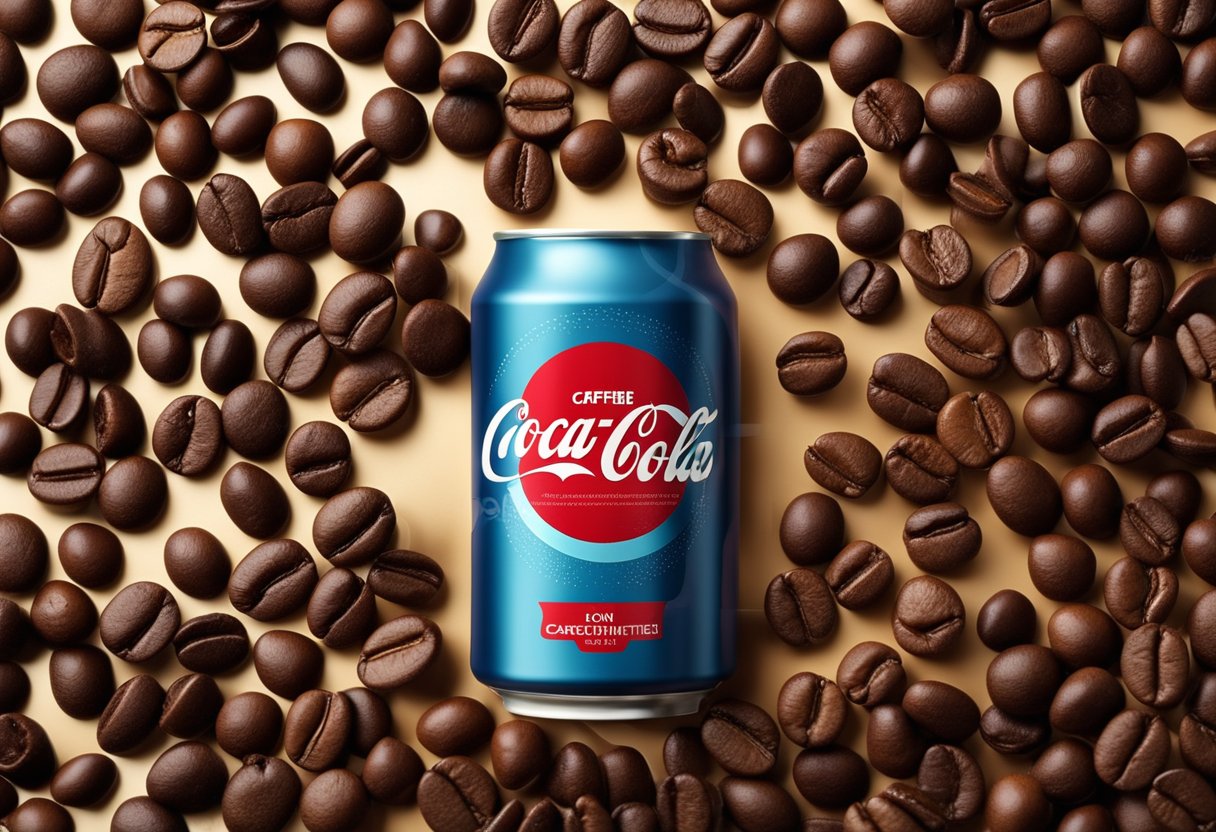 A can of Coke with a caffeine content label, surrounded by coffee beans and a caffeine molecule structure