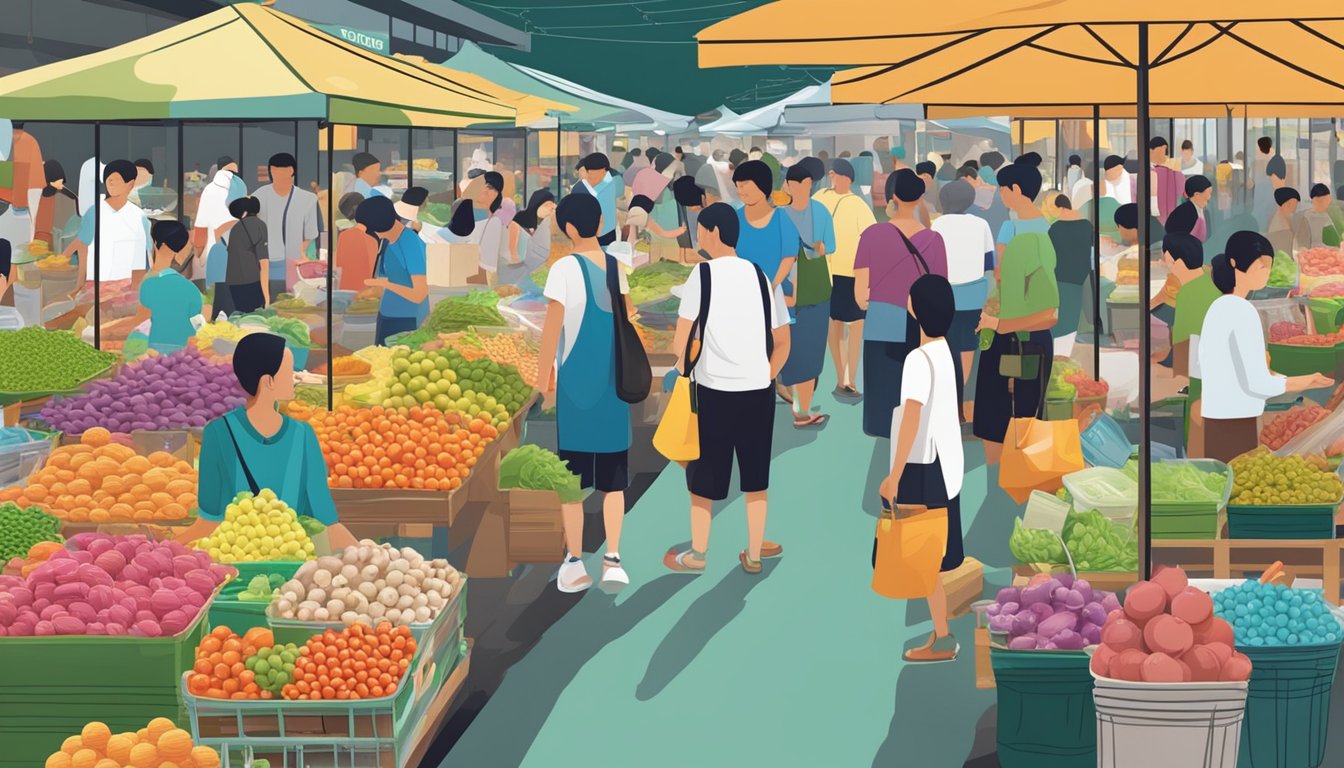 A bustling wet market stall in Singapore, with colorful displays of chye poh in various containers and sizes, surrounded by eager customers and vendors