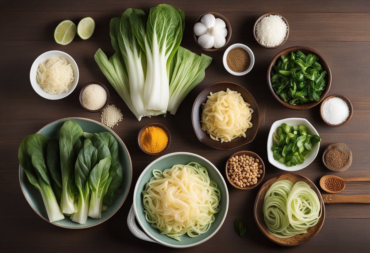 A table filled with keto-friendly Chinese ingredients: bok choy, shirataki noodles, tofu, and various spices