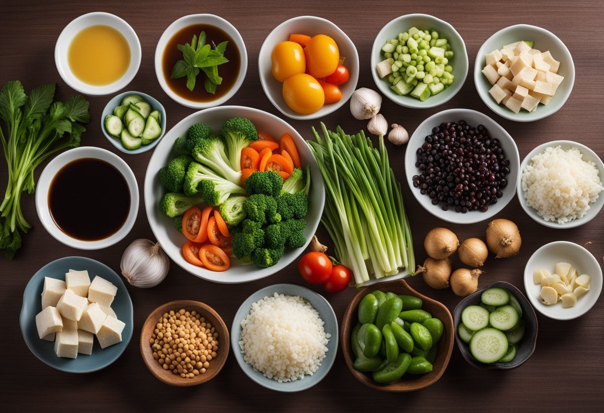 A kitchen counter with a variety of fresh vegetables, tofu, soy sauce, ginger, garlic, and other essential ingredients for Keto Vegetarian Chinese cooking