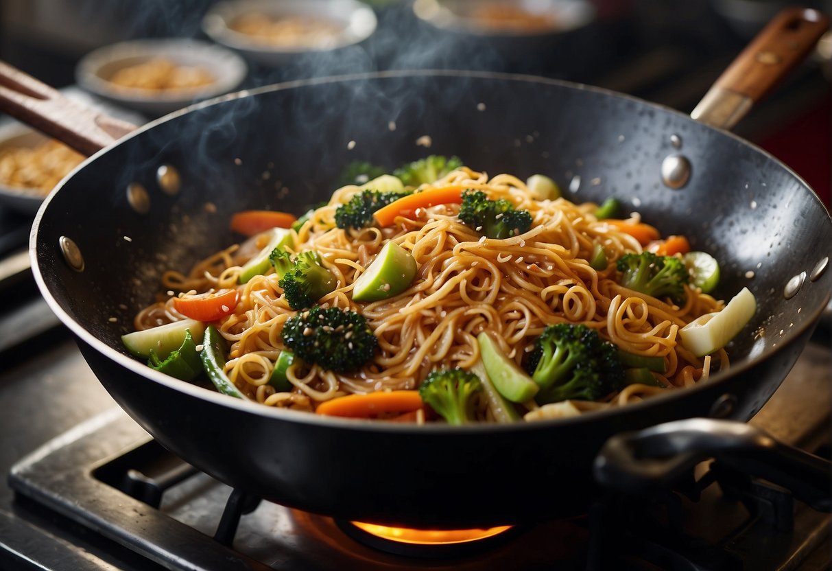 A wok sizzles with stir-fried noodles, mixed vegetables, and savory soy sauce in a bustling Chinese kitchen