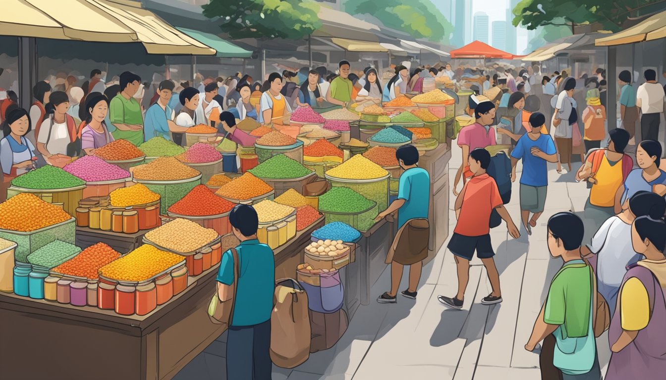 A bustling Singapore market stall displays vibrant jars of chye poh, attracting eager shoppers seeking the popular condiment