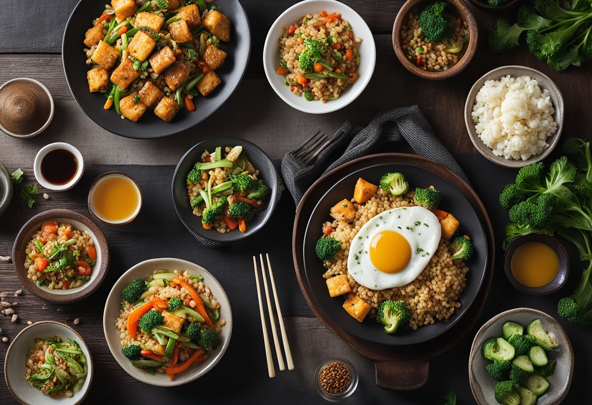 A table set with colorful keto vegetarian Chinese dishes, including stir-fried vegetables, tofu in savory sauce, and cauliflower fried rice