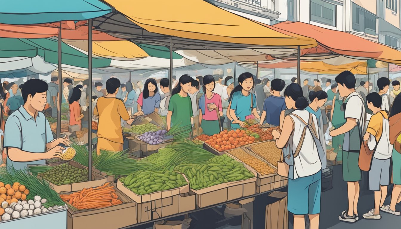 A bustling market stall in Singapore, with colorful displays of chye poh and eager customers asking the vendor about its availability