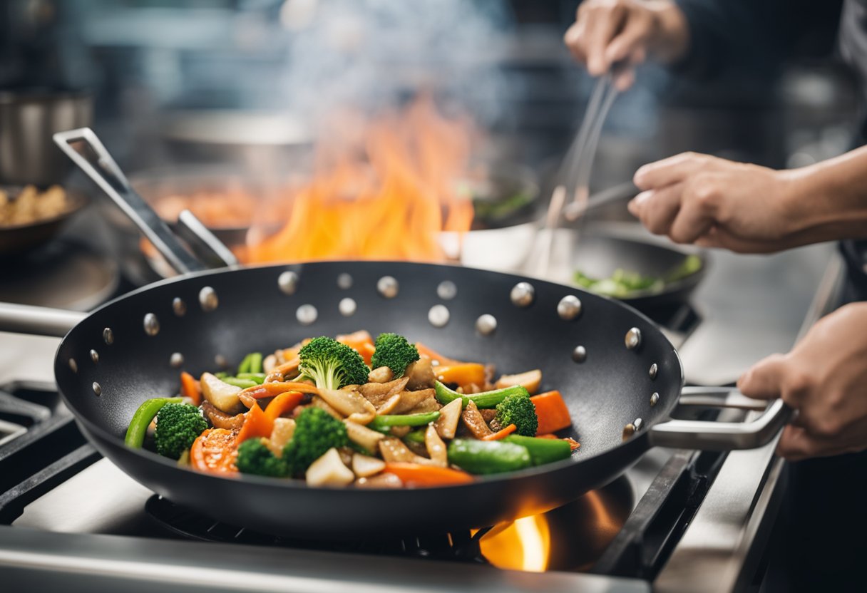 A wok sizzles with stir-fried low-carb veggies and protein. A pot simmers with fragrant keto Chinese sauce. Ingredients line the counter