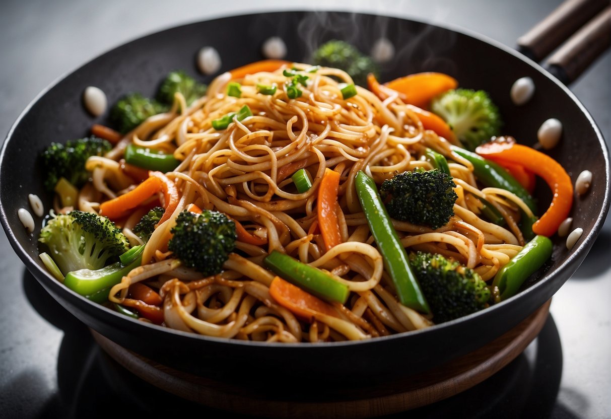 A wok sizzles with stir-fried noodles, veggies, and savory sauce. Bowls of soy sauce, sesame oil, and various vegetables are arranged nearby