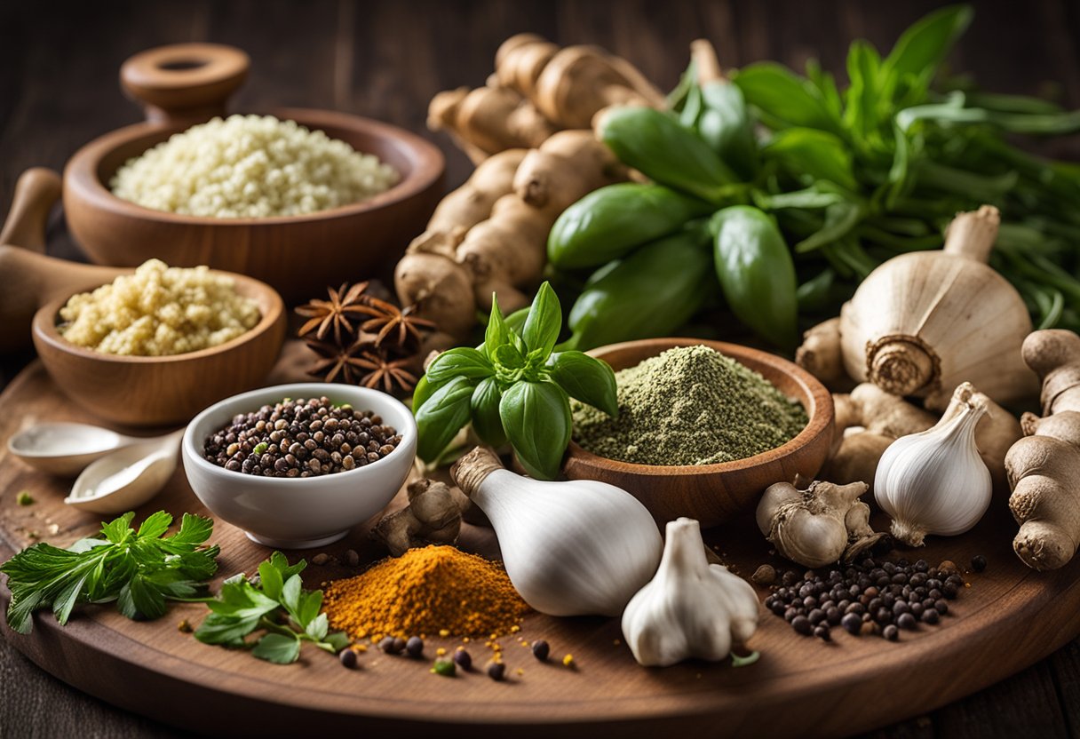 A variety of fresh herbs and spices are arranged on a wooden cutting board, including ginger, garlic, scallions, and Sichuan peppercorns. A mortar and pestle sits nearby, ready for grinding